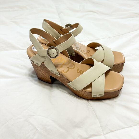 Sam Edelman Josefine Ivory Platform Sandals Wood Block Heel Criss Cross EUC 8 - Picture 4 of 8